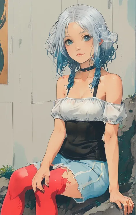  woman，Silver Hair，blue eyes，Odd colored tights，Crop shirt，Off the shoulder，white，art， anime，figure