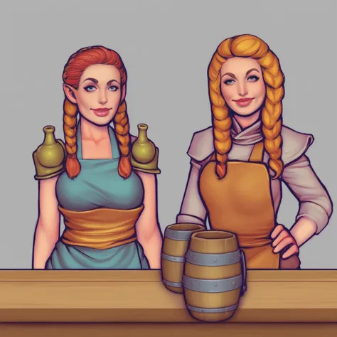 concept: a medieval fantasy bar scene with a confident female innkeeper. setting: style: medieval fantasy tavern lighting: warm,...