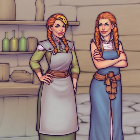 concept: a medieval fantasy bar scene with a confident female innkeeper. setting: style: medieval fantasy tavern lighting: warm,...