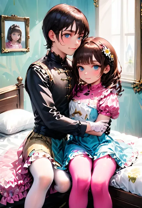 (style-princess) (1 man, 1 catgirl) (hetero, couple) (crossdressing, fully clothed) (brown hair, blue eyes) (portrait) (women's ...