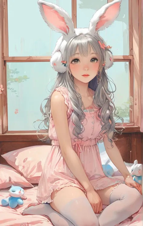 On the bright red campus"yes"character、Beautiful illustrations, Highest quality, pretty girl, Bedroom, pastel colour, Fluffy bunny ears, , Silver long hair, Stuffed rabbit, Bright lighting, Pale pink eyes、Full Body Tights