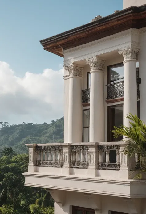 RAW photo, Masterpiece, high quality, best quality, realistic, super detailed, exterior, neoclassical hill house, neoclassical detailed design, Realistic materials, windows glass, balcony glass railing, wooden ceiling, light tones, tropical plants, dayligh...