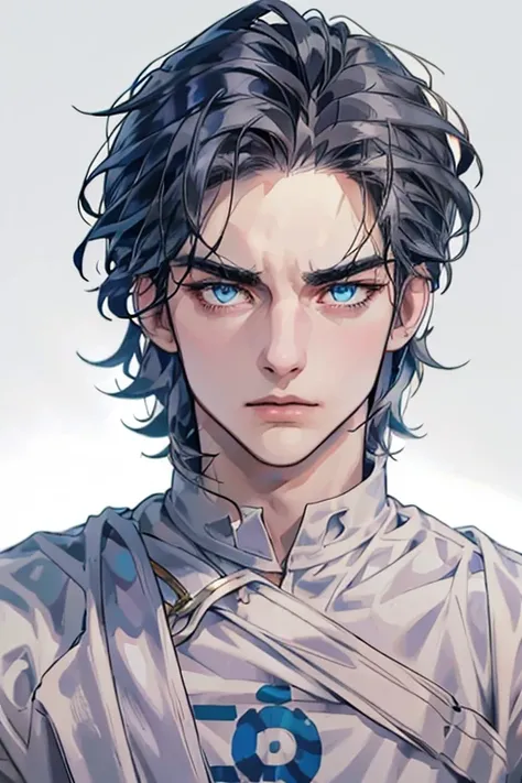 a 30 year old man, 2 day beard, handsome anime, portraits, strong, masculine, dark grey hair, sharp jawline, mesmerizing blue eyes, perfectly styled hair, cool anime outfit, confident expression, vibrant colors, dynamic lighting. (CEO and expression confid...