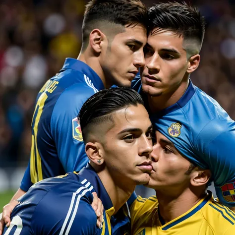 James David Rodríguez Colombia national team, yellow shirt and Lionel Messi argentine national team, blue shirt kissing 