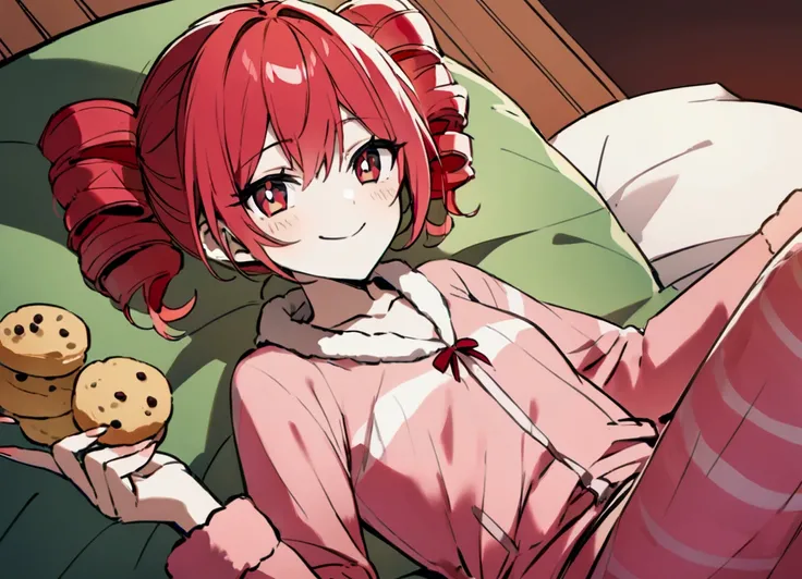 Red hair, smiles, wears loungewear, eats tons of cookies,