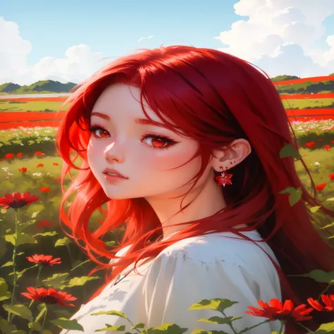 Anime Girl，Red hair，Wearing earrings，In the flowers, Produced in collaboration with Anime Painter Studio, Artwork in the style of Guweiz, Beautiful anime portrait, Painting in an anime artist studio, Realistic anime art style, Digital Anime Illustration, A...