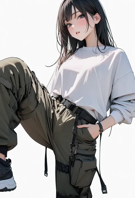 (Masterpiece, highest quality: 1.2, 8K), One girl in the center, wearing layers inside her shirt, cargo pants, simple sneakers, simple background, white background,