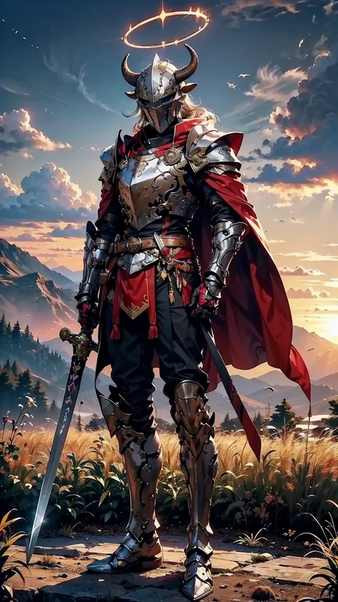 8K quality,(super masterpiece:1.3),Highest quality,Detailed Images,1 male,knight,pocket(Two cow horns),armor(Silver Full Armor,Blue decoration),(Wear a red cloak,Red Cape),(One sword,Hold the hilt of the sword with your left hand),(background:Burning image...