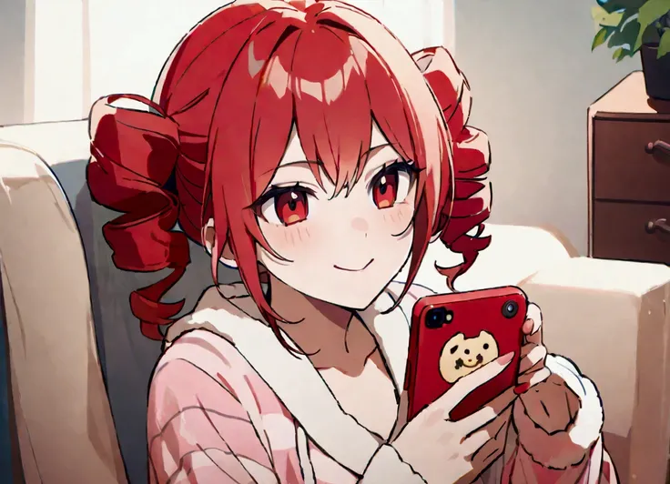 Red hair, smiles, wears loungewear, eats copious amounts of cookies, looks at smartphone