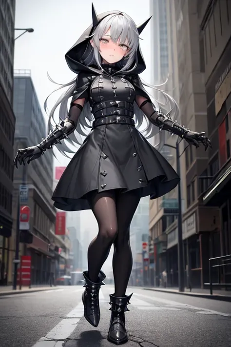 ((best quality)), ((masterpiece)), (detailed), 1 girl, Full body, 18 years old, Depressed face, Silver eyes, Arm outstretched, Gray zippered hood, Blushing, Silver hair, Spiky hair, Bangs, Strand of hair covering eye, Full body, Very tall, Small breasts, T...