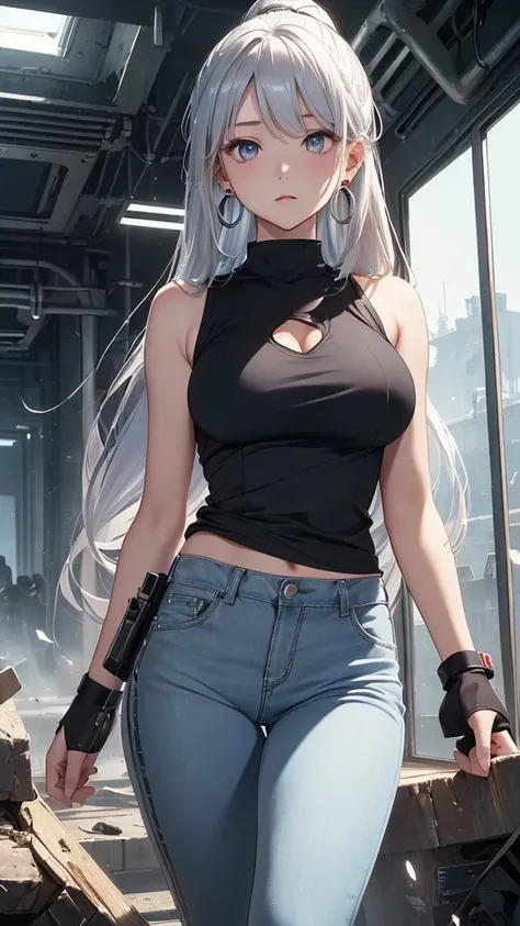 最high quality、best image quality、masterpiece、girl((18-year-old、 By becoming、vest bust、medium bust,wide open breast tea、shining eyes, silver hair、ponytail、long hair、thin,highest valley、white tank top、blue pants、Wristband、brown skin、Holding a handgun、ruby ea...