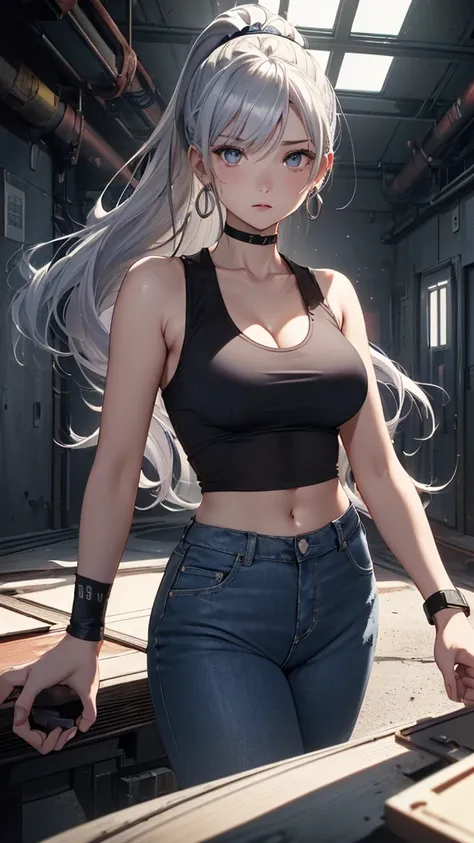 最high quality、best image quality、masterpiece、girl((18-year-old、 By becoming、vest bust、medium bust,wide open breast tea、shining eyes, silver hair、ponytail、long hair、thin,highest valley、white tank top、blue pants、Wristband、brown skin、Holding a handgun、ruby ea...