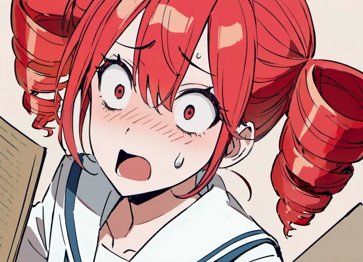 Red hair, sailor suit, holding paper, surprised face