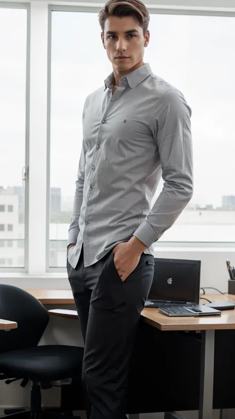 young businessman,  proportional body, epic model, directors desk background, casual executive clothes, standing pose