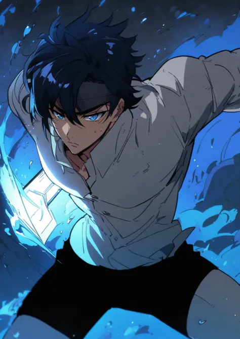  male, with dark blue hair and blue eyes , Manhwa style.