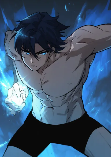 a handsome male, shirtless with dark blue hair and blue eyes action pose . Manhwa style.