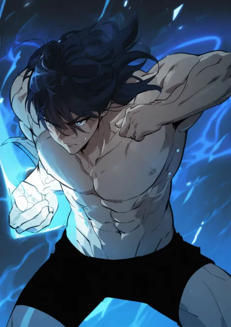 a handsome male, shirtless with dark blue hair and blue eyes action pose . Manhwa style.