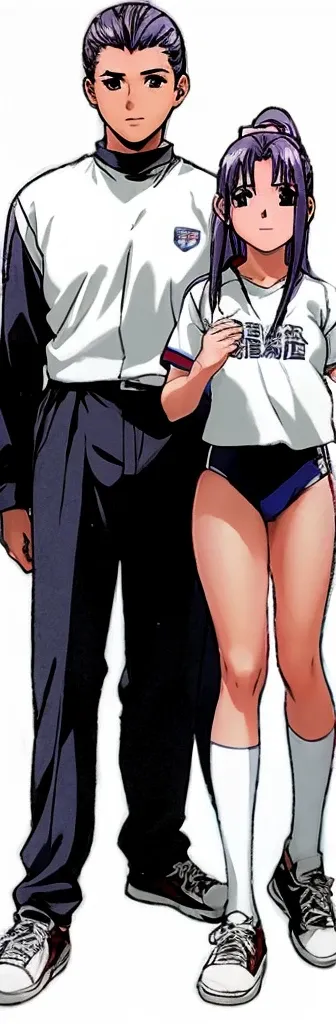 Momoko Koigakubo, a tall girl with beautiful legs, is standing with a smile on her face in a white gym uniform and light navy blue bloomers that look like panties.。Momoko Koigakubo is holding a boy wearing a tracksuit next to her.。