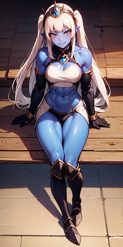 full body sitting on a bench showing ass to me, BLUE breastplate, BLUE skin (1girl)(BLUE skin:1.2), looking at viewer, shiny, armor, thigh highs, high boots, pauldrons shoulder armor, faulds, poleyn, gloves, gauntlets, rerebrace armored boots, (masterpiece...