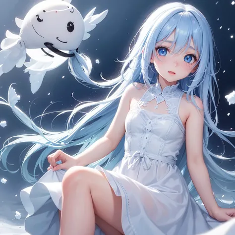 Cute girl one girl wight hair Freckles cheeks pure skin angel dress snow background snow falls blue eyes cute eye browse only face one girl 