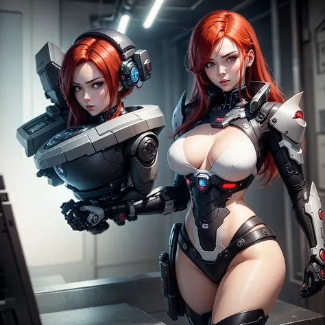 The picture shows a beautiful cyborg girl with red hair. Her image combines elements of technology and human beauty. She looks a little sad, but at the same time sexy. She has big hips and medium sized breasts. The girl is dressed in a suit with a deep nec...