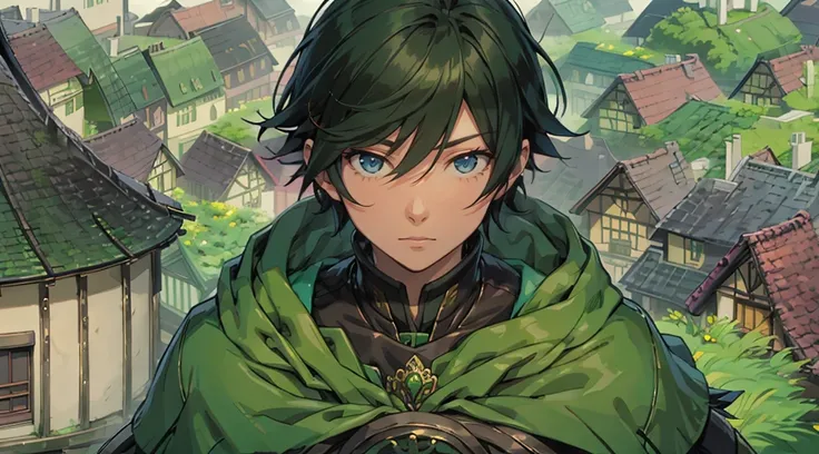 yuichiro hyakuya, (WithoutFear:1), 1 boy, black hair, green eyes, brown coat, gray armor, green shield, green cloak, dark brown gloves, town, white fur trim, tall, anime, standing, good quality, portrait, looking at viewer