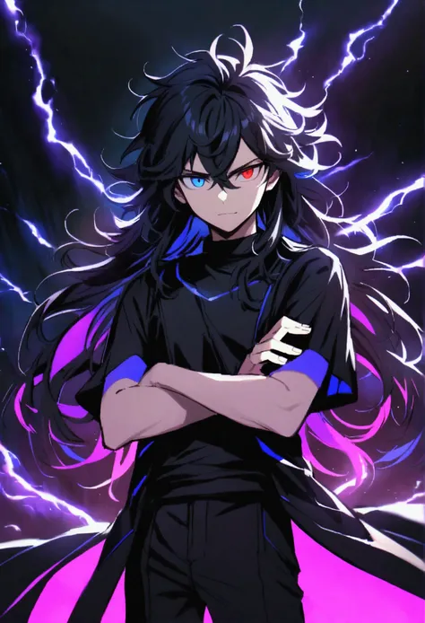 Teenage boy, Messy hair, long hair, multicolored blue and black hair, crossed arms, blue and black eyes, heterochromia, ssmile, serious face, black jersey, dark blue detailed and wide short-sleeved overcoat, detailed black pants, electric aura around the c...