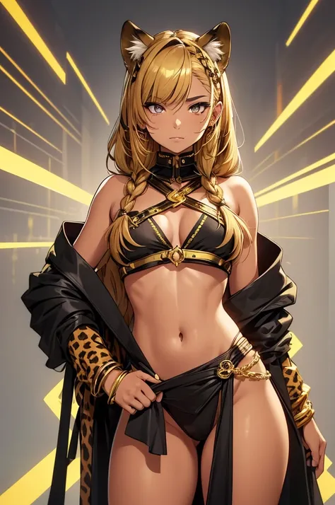 Solo, girl, tan skin, leopard ears and a tail, leopard markings face, golden jewelry and wears black clothing hints of gold black top, black Loincloths around her hips she wears golden sharp fingernail guards. darkish gold hair fades to bright gold is curl...