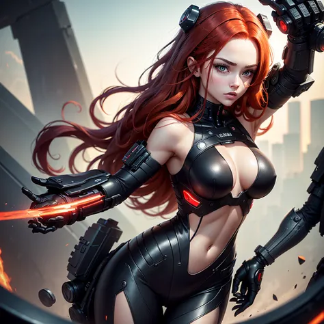 The picture shows a beautiful cyborg girl with red hair. Her image combines elements of technology and human beauty. She looks a little sad, but at the same time sexy. She has big hips and medium sized breasts. The girl is dressed in a black suit with a de...