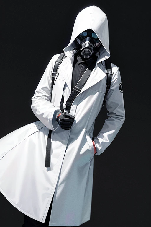 dark boy with chemical gas mask dressed in white protective clothing, sunglasses in a dark and mysterious theme