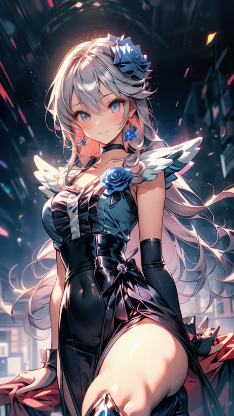 (Highly detailed CG), (Highest quality),(full body)，(( Squat，Spread your legs，Strike a Pose)),Anime Style，1 Girl,alone, black choker, earrings, blue flower, magical girl, waist bow, cure moonlight dress, jewelry, flower, wrist cuffs, single elbow glove, bo...