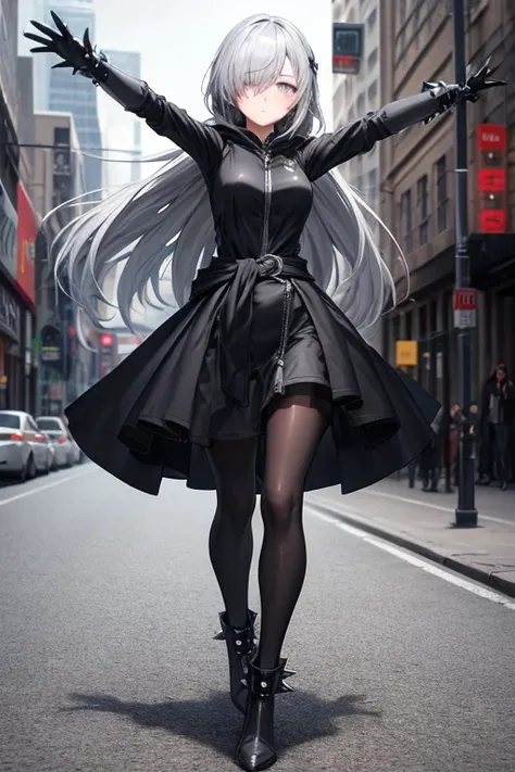 ((best quality)), ((masterpiece)), (detailed), 1 girl, Full body, 18 years old, Depressed face, Silver eyes, Arms outstretched, Arms behind waist, Metal covering her eyes, Gray zippered hood, Blushing, Silver hair, Straight hair, Bangs, Lock of hair coveri...