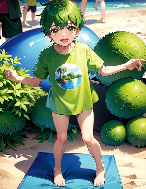 A boy having fun at the beach in summer,Wear a broccoli T-shirt,Broccoli grows all around,high resolution,Nostalgic,Innocent boys,Clothes with Hiragana on them,