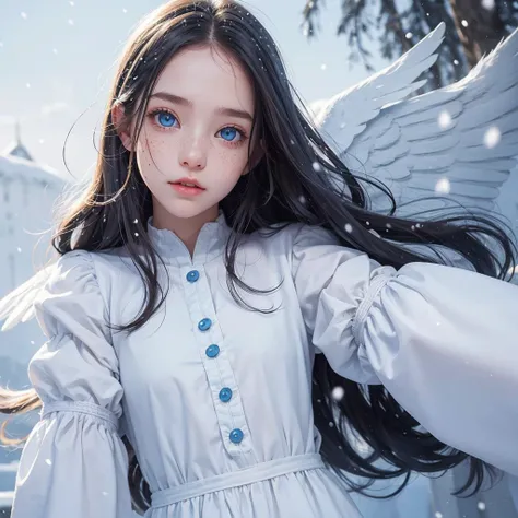 Cute girl one girl wight hair Freckles cheeks pure skin angel dress snow background snow falls blue eyes cute eye browse only face one girl 