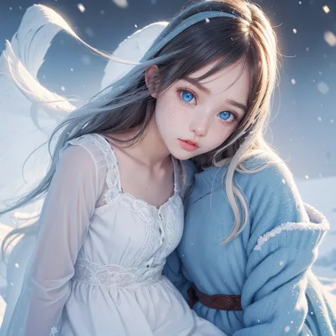 Cute girl one girl wight hair Freckles cheeks pure skin angel dress snow background snow falls blue eyes cute eye browse only face one girl 