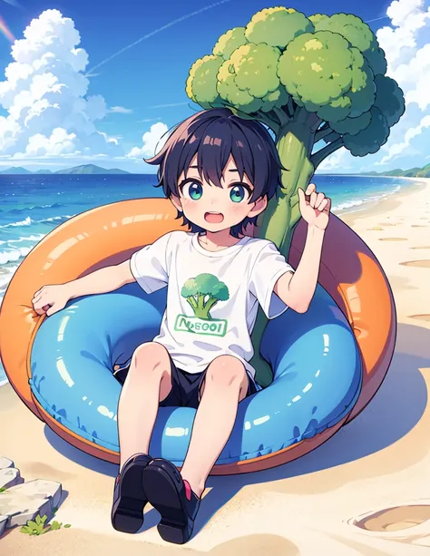 A boy having fun at the beach in summer,Wear a broccoli T-shirt,Broccoli grows all around,high resolution,Nostalgic,Innocent boys,(Wearing a T-shirt with Hiragana on it),