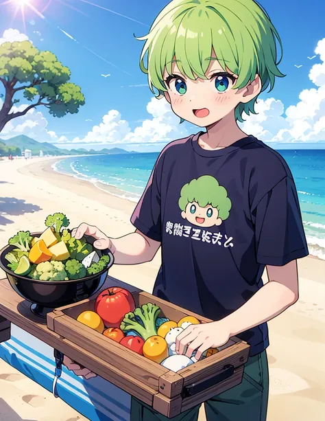 A boy having fun at the beach in summer,Wear a broccoli T-shirt,Broccoli grows all around,high resolution,Nostalgic,Innocent boys,(Wearing a T-shirt with Hiragana on it),