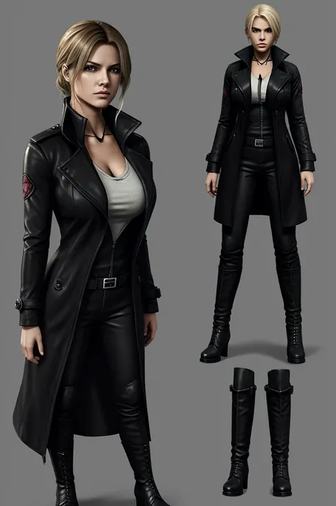 create a resident evil style character, let her be a stalker, wear a black coat, boots and black suit, that has a neckline and that is very curvy, also that it is high. and have a serious face, and have blonde hair and mane. Let it be a woman. Concept art ...