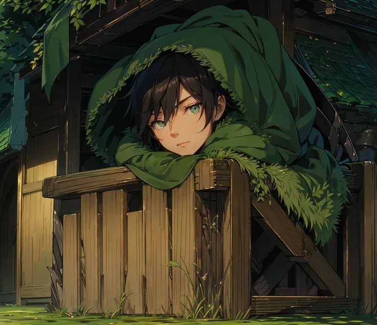 yuichiro hyakuya, (WithoutFear:1), 1 boy, black hair, green eyes, brown coat, gray armor, green shield, green cloak, dark brown gloves, town, white fur trim, tall, anime, standing, good quality, portrait, looking at viewer