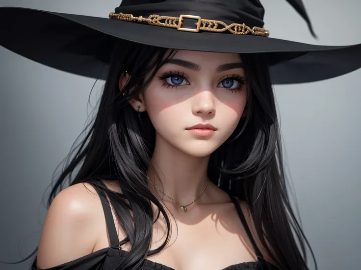 beautiful witch, 20 years old, black long hair, black eye, face closeup