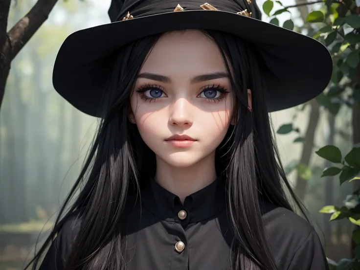 beautiful witch, 20 years old, black long hair, black eye, face closeup