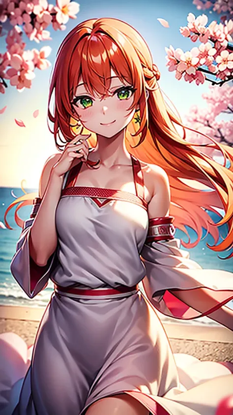 Romantic, beautiful, many details, sakura, one person, wind, tucking hair behind ear, orange hair, shoulder-length hair, green eyes, gentle smile 