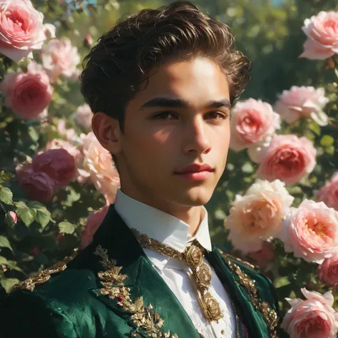 create an image of a young man inspired by the characteristics of the rose 'the prince, mixed race male model 23-25 year old, (a...