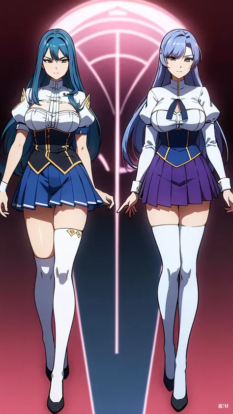 a masterpiece of 3 busty girls with sky-blue colored hair, hazel eyes, and matching uniforms with sexy lace accents, ribbons, and rainbow short skirts, wearing white thigh-high socks and black high heels, posing together with a serious face, flat color bac...