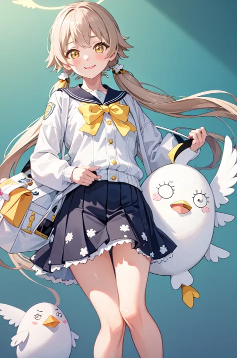 masterpiece, best quality, 1 girl, hifumidef, holding peroro doll with hands, smiling