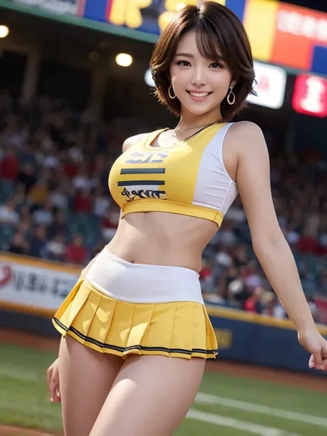 ((cheerleader, sleeveless yelow line shirt, midriff)), ((pleated yellow miniskirt)),((baseball ground,night game照明,much-air-lade...