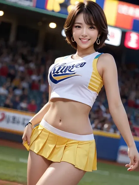 ((cheerleader, sleeveless yelow line shirt, midriff)), ((pleated yellow miniskirt)),((baseball ground,night game照明,much-air-lade...