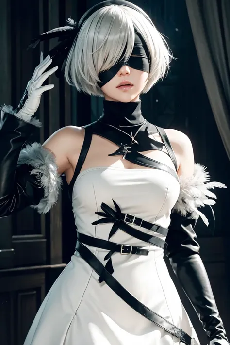 2b nier automata,bobcut, gray hair,long sleeve, juliet sleeve, white gloves, turtleneck, bangs, feather ornament, feather orname...