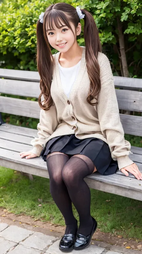 (high quality, High resolution, Super detailed, Realistic:1.37), (Full body pose)、(Full body photo of the girl)、Peaceful atmosphere, (plein air, garden)、 ((Big twin tails、Big scrunchies))、((Sit on a bench))、18 year old high school girl、B Cup、Beautifully de...