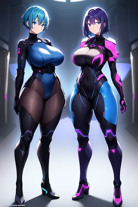 2girls, blue ees, purple hair, very short hair, large breasts, hourglass figure, bodysuit, black bodysuit, neon, neon trim, machinery, tech, science-fiction, futuristic, standing, full body, ((full body)), pantyhose,